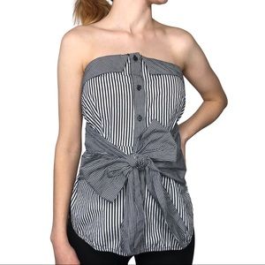 Topshop tie front black white strapless blouse 4